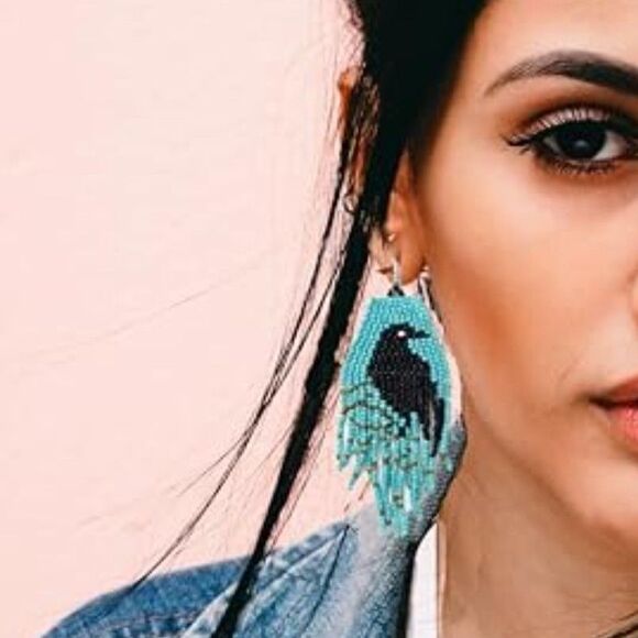 2/$20 Black Bird Teal Bead Fringe Raven Southwestern Earrings - Picture 6 of 8